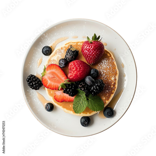 White Plate With Pancakes Topped With Fruit