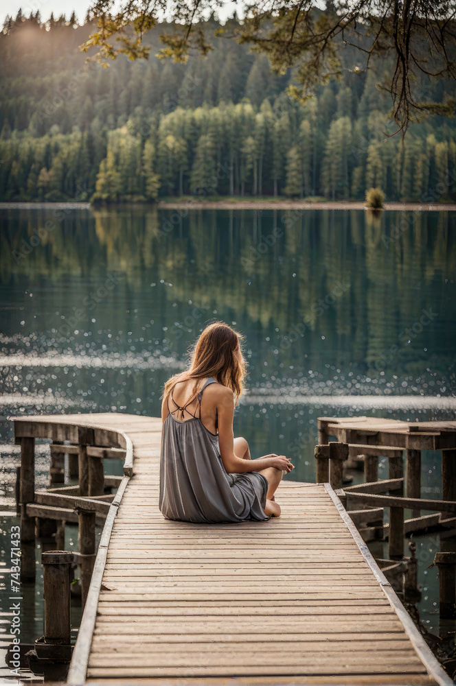 Facing back young woman , sitting on wooden pier on shore beautiful mountain lake at sunrise or sunset