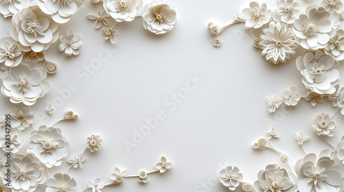 White paper flowers frame on white background