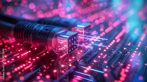 Data flowing through fiber optics cables, digital neon background