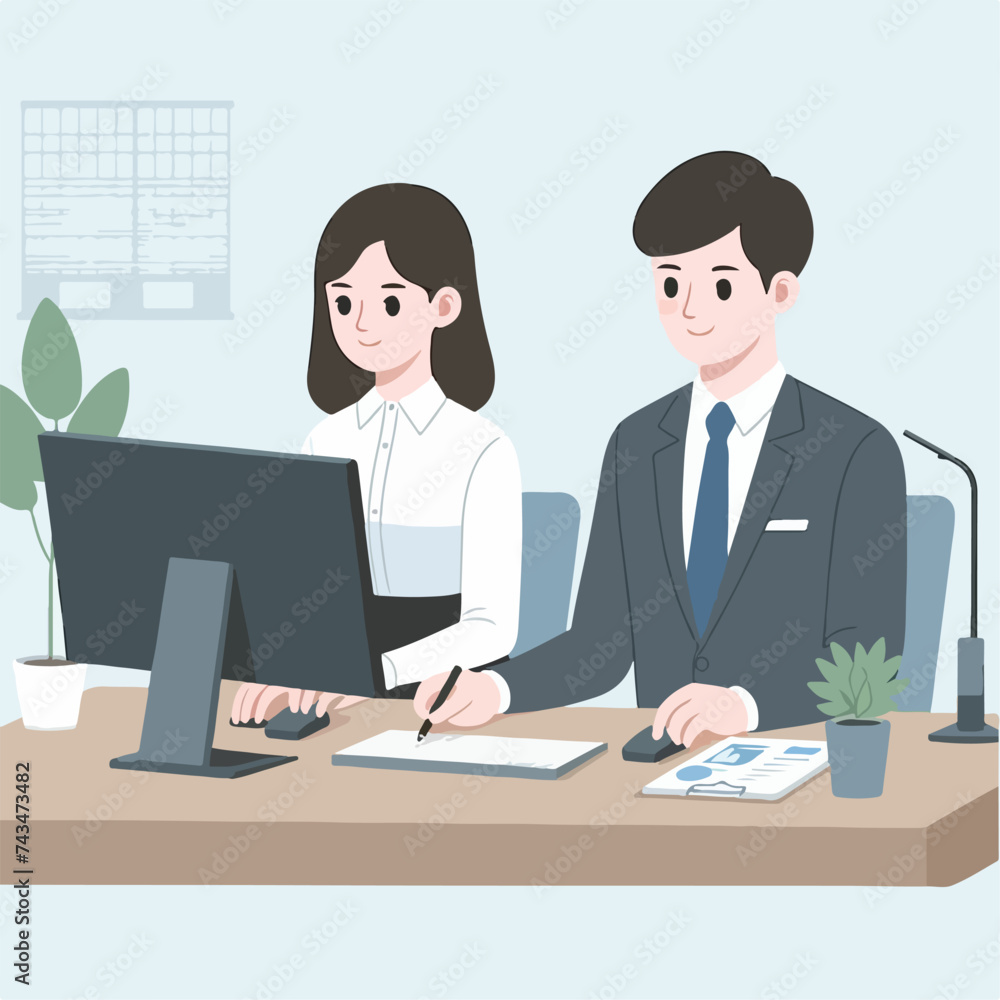 Flat design illustration concept of business people working together. Man and woman working with computer Flat design illustration concept of business people working together. Man and woman working with computer