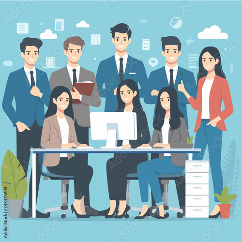flat design illustration concept of business people team in office monitoring work on a computer
