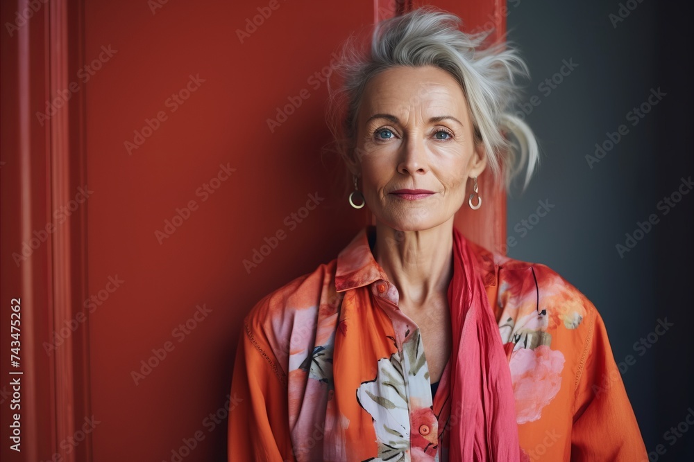 Portrait of beautiful senior woman in orange blouse looking at camera Portrait of beautiful senior woman in orange blouse looking at camera