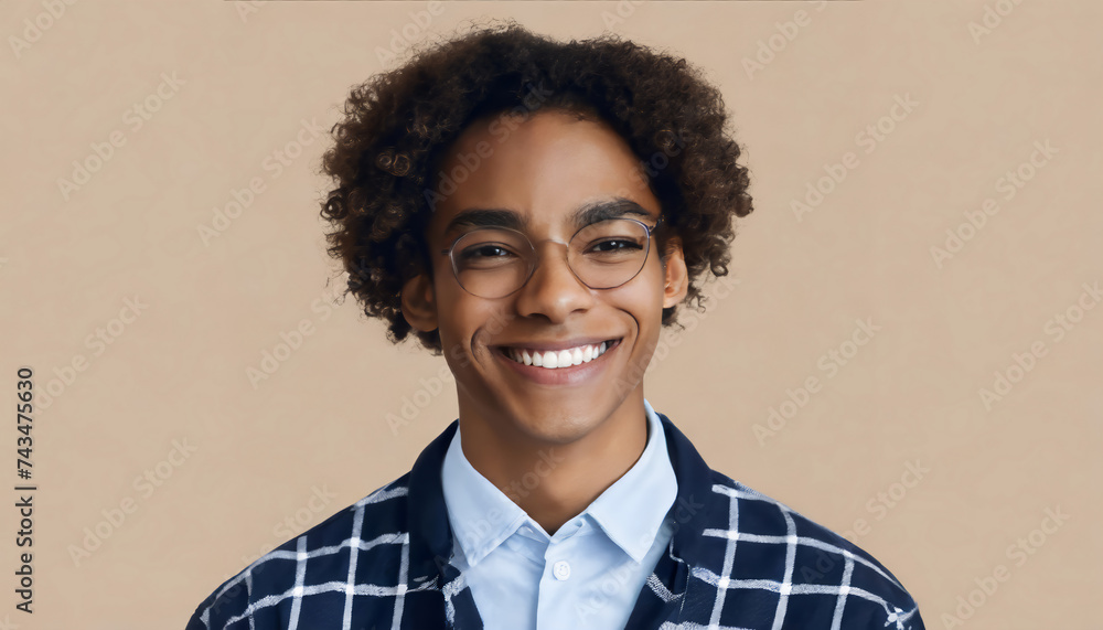 Happy young African American gen z guy winking isolated on beige background. Playful ethnic teen student, cool curly generation z teenager smiling with white perfect teeth, close up portrait - obrazy, fototapety, plakaty 