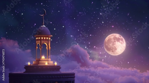 Beautiful ramadan kareem islamic greeting background: lantern illuminates podium with mosque silhouette and crescent moon - perfect stock image for festive designs