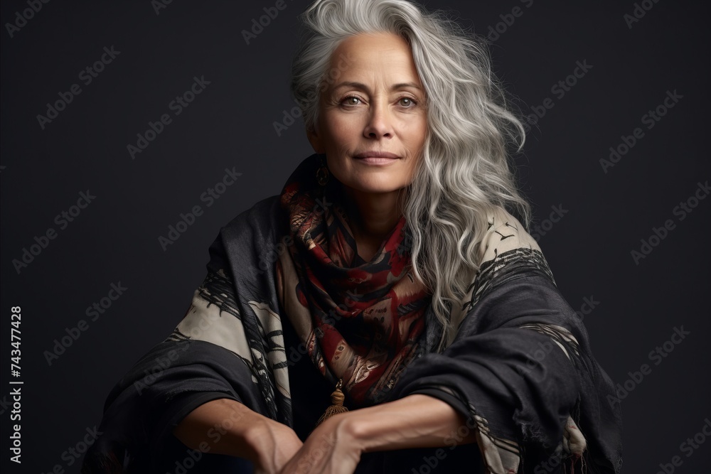 Portrait of a beautiful senior woman with gray hair wearing a scarf Portrait of a beautiful senior woman with gray hair wearing a scarf