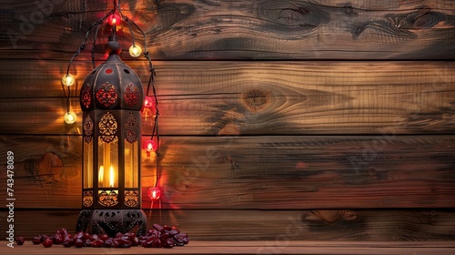 Exquisite ramadan lamp and dates on wooden background: captivating oriental lantern stock image for cultural celebrations and festive designs photo