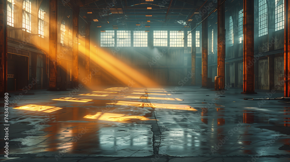 Early morning sun rays An Empty Warehouse backdrop With Atmospheric Fog, interior space storage background Early morning sun rays An Empty Warehouse backdrop With Atmospheric Fog, interior space storage background