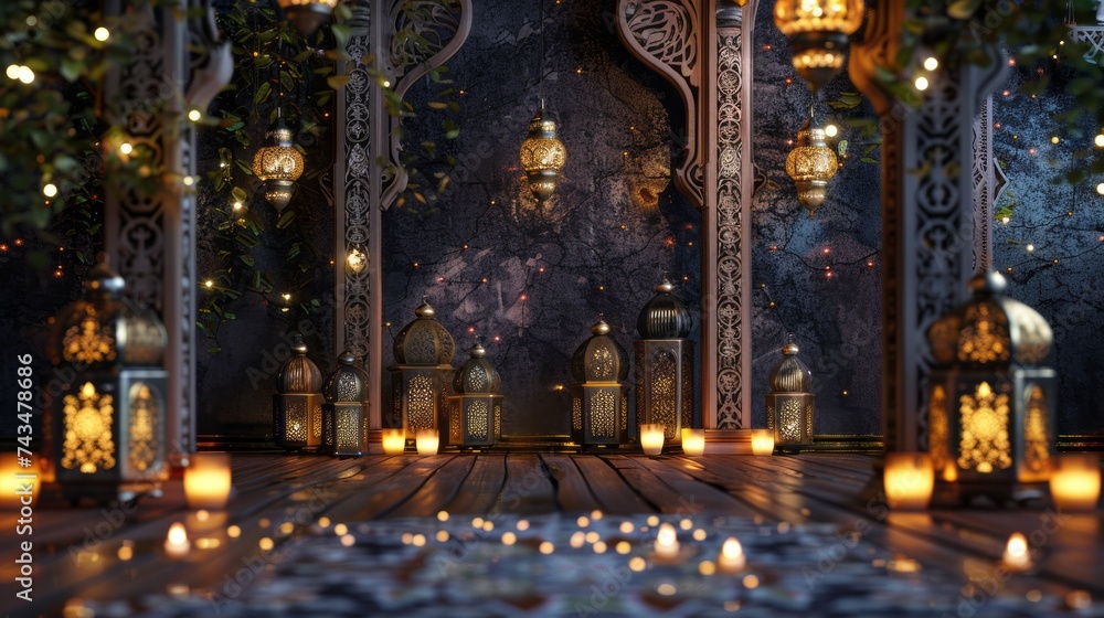 Captivating ramadan lantern decoration background: vibrant 3d rendering for festive celebrations