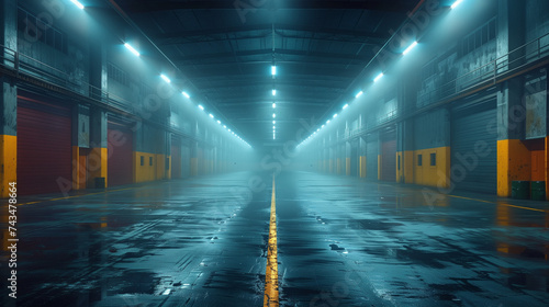 An Empty Warehouse background With Atmospheric Fog  interior space storage backdrop