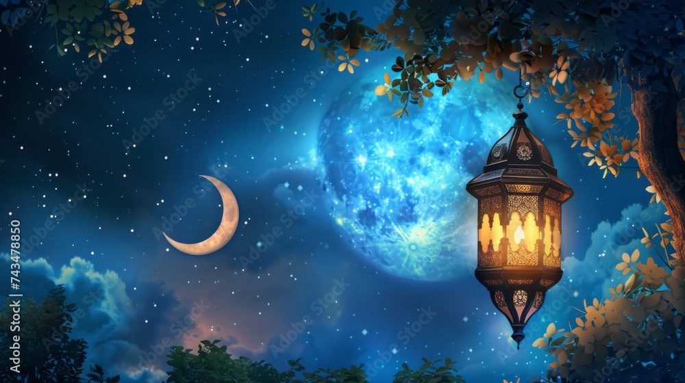 Captivating ramadan lantern illuminated against crescent moon on mesmerizing night sky background - stock image Captivating ramadan lantern illuminated against crescent moon on mesmerizing night sky background - stock image
