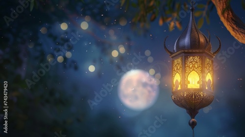 Captivating ramadan background: mosque, moon, stars, lantern, and bokeh - a stunningly realistic illustration perfect for your creative projects