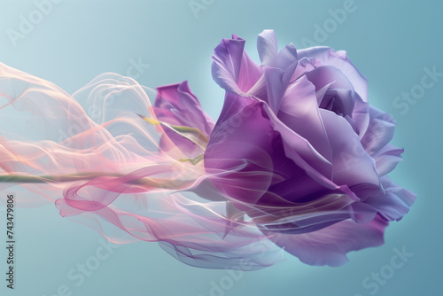 Fantastic and dreamy flower background. A rose blowing gently in the wind. Petals fluttering like a silk dress. Illustration with a dreamy atmosphere. Pastel tones with copy space.
 photo