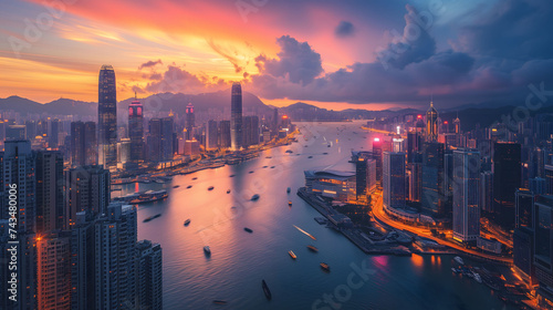 Hong Kong Victoria Harbor during the enchanting hour of dusk with scene of natural beauty and urban sophistication. photo