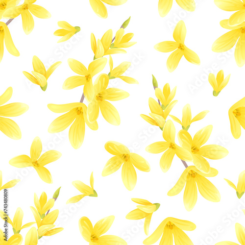 Forsythia yellow flowers on white background seamless pattern. Vector cartoon illustration. Golden-bell tree. Spring blooming.