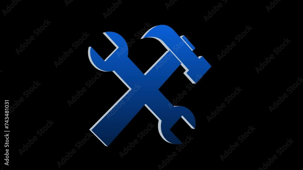 3d blue tools icon rotated loopable animation black background 3d blue tools icon rotated loopable animation black background