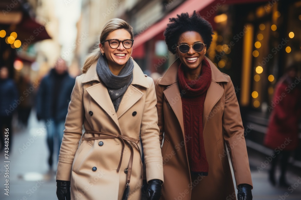 Young mixed lesbian couple buying Christmas presents while walking in the city Young mixed lesbian couple buying Christmas presents while walking in the city