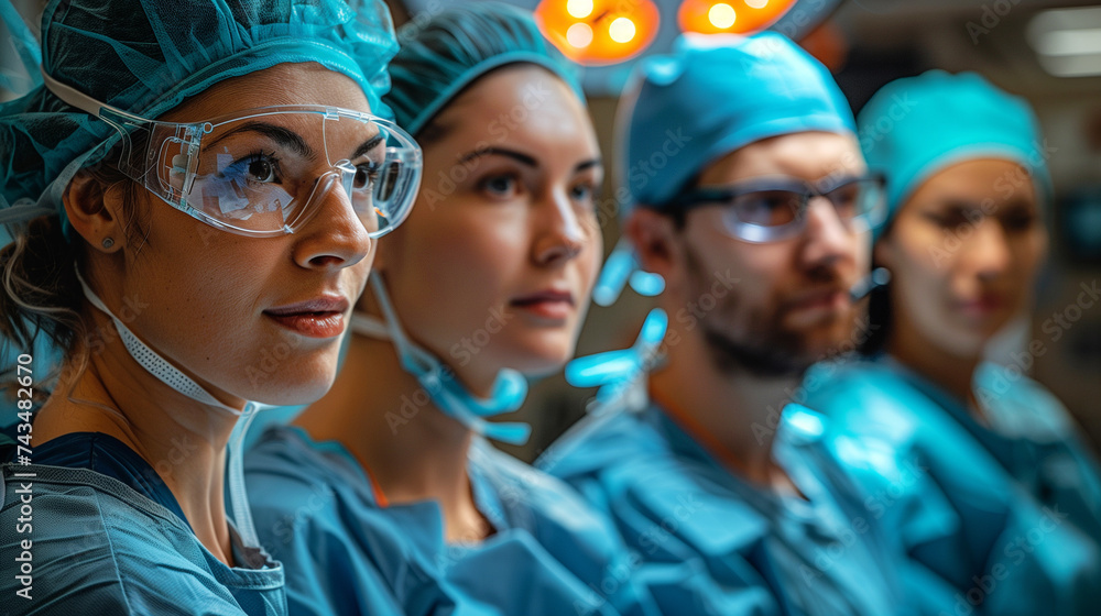 Cutting-edge surgical team performing a minimally invasive procedure, illuminated by advanced operating lights Cutting-edge surgical team performing a minimally invasive procedure, illuminated by advanced operating lights