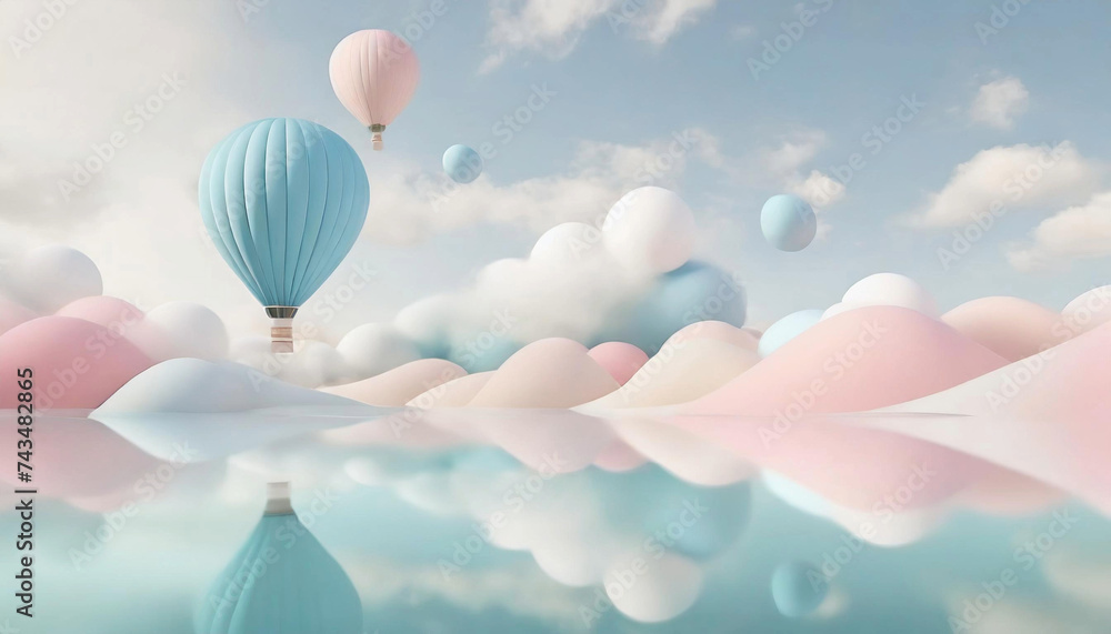 Fototapeta premium Pink and blue balloons float between the clouds, reflecting on the surface of the lake.