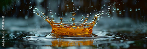 Splashes and drops on the water from the falling golden object, Clouds on sky Pro Photo