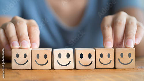 Customer service evaluation and satisfaction survey concepts, Smiley face happy symbol on wooden block , Services and Customer satisfaction survey, mile face symbol on wooden cube, copy space, Generat photo