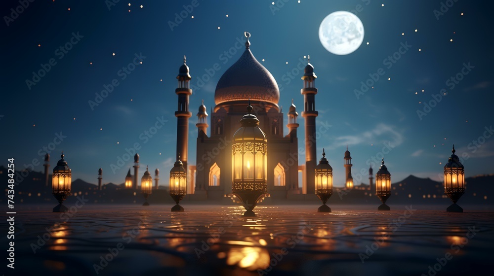 3D illustration of Ramadan Kareem's background with mosque and full moon
