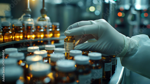 Production in Laboratory, Bottles with Branded Labels Move on Pharmaceutical Conveyor Belt in Research Lab. Medicine Against SARS-CoV-2. © Larissa