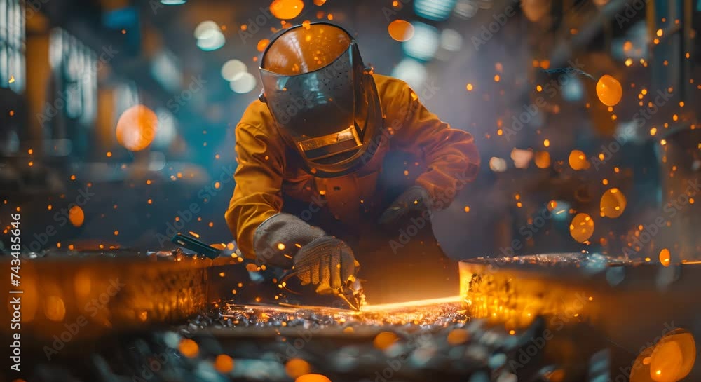 A skilled welder in protective gear meticulously working on a steel structure A skilled welder in protective gear meticulously working on a steel structure