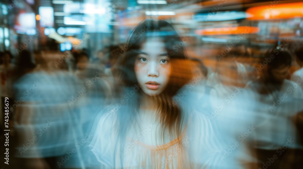 Obraz premium Blurred surroundings echo with the silent cries for empathy from a woman trapped in the cycle of domestic violence.