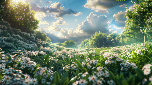 hyper-realistic images of Sweet Alyssum in a meadow setting, utilizing cinematic framing to convey serenity. Highlight the natural and realistic colors of the blooms