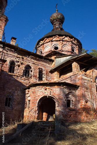 The ruins of the ancient Christian Church of the Intercession in the village of Khotnezhi. Leningrad region, Russia.