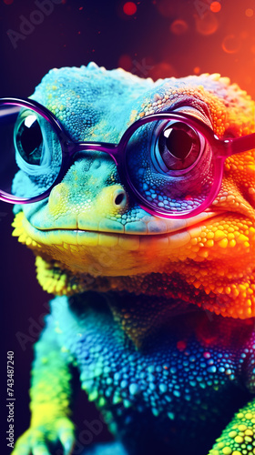 Funny colorful chameleon as a lab technician