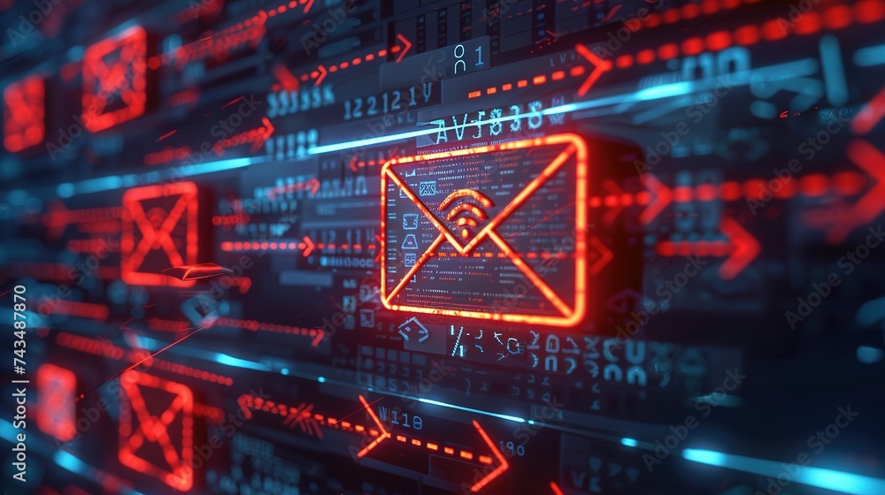 Detailed view of an email inbox with messages marked as malware and virus, illustrating the work of hackers and internet threats Detailed view of an email inbox with messages marked as malware and virus, illustrating the work of hackers and internet threats