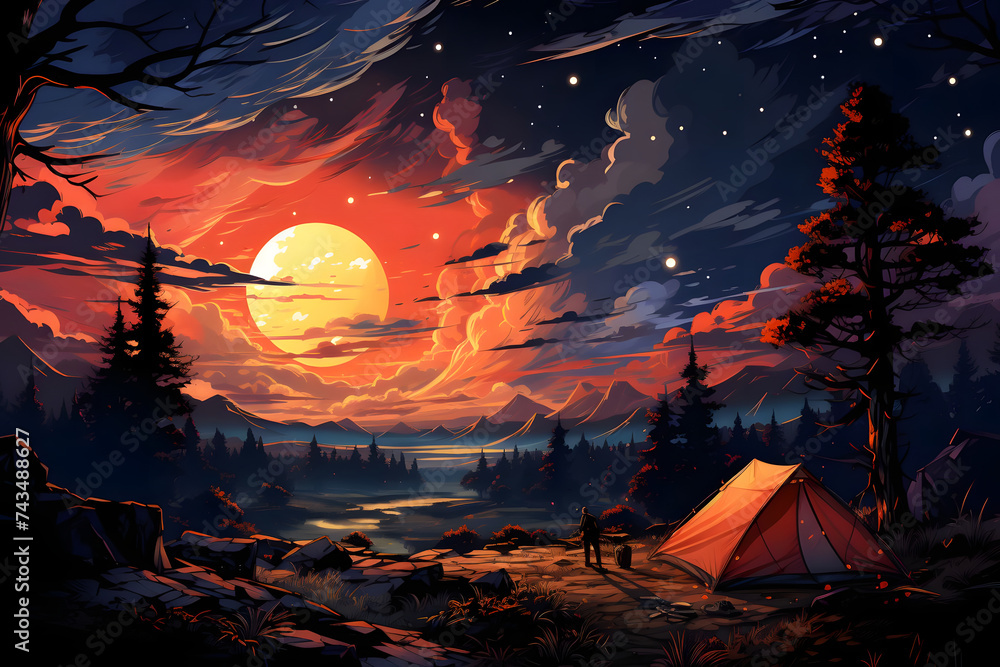 Night Camping in the Forest with Campfire and Beautiful Starry Skies