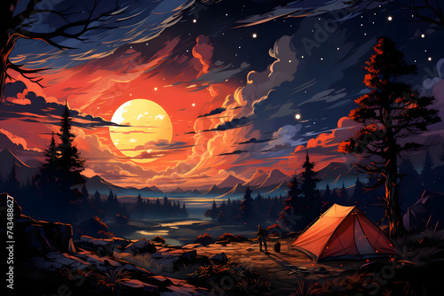 Night Camping in the Forest with Campfire and Beautiful Starry Skies