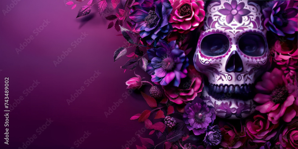 a sugar skull with purple flowers on a purple background,banner