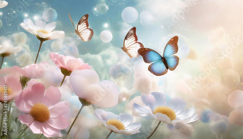 Butterflies flutter between pastel clouds and a field of flowers.