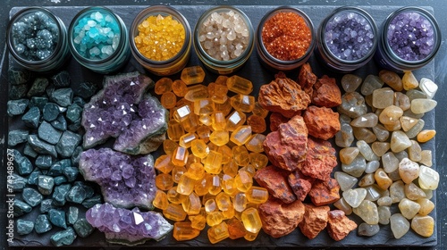 A neatly organized display of various colorful crystals and stones, some in jars, on a dark slate background.
