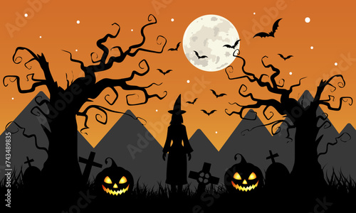 Halloween silhouette background with pumpkin and witch, Vector illustration style.