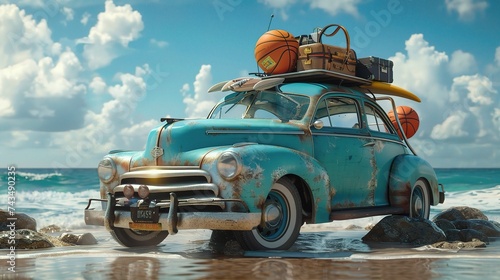 Blue old timer car with surfboard, suitcases and basketball 