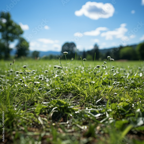 Prairie à la campagne, avec herbe et petites fleurs, ciel bleu