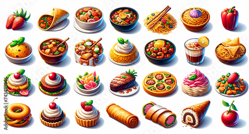 Delectable Array of International Dishes and Desserts in a Whimsical Illustrated Feast. Emoji styled Popular Food Icons Set