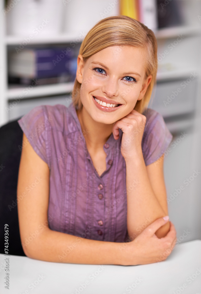Pride, smile and portrait of woman in office with positive, good and confident attitude for career. Professional, admin and face of happy young female receptionist from Canada by desk in workplace.