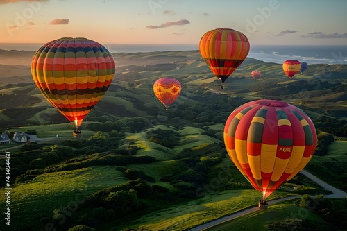 Hot Air Balloons Soar in Summer Skies, Colorful Hot Air Balloons Grace the Blue Sky, Colorful Flights Over Stunning Landscapes, Hot Air Balloon Adventures for Summer Thrills, Hot Air Balloons