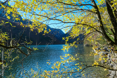Panoramic view of Leopoldsteiner lake in in Eisenerz, Ennstal Alps, Styria, Austria. Vibrant autumn coloured forest. Calm water surface. Scene of majestic mountain peaks of Austrian Alps. Tranquility