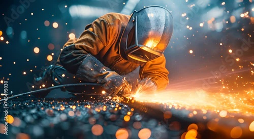 A skilled welder in protective gear meticulously working on a steel structure photo