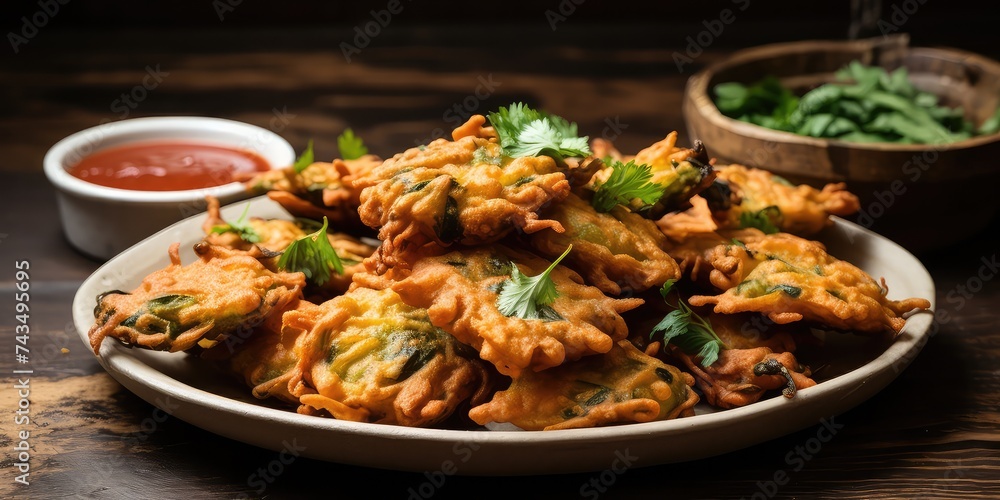 Vegetable pakoras are crispy fritters made with a mix of vegetables like potatoes, onions, and spinach, coated in a spiced chickpea flour batter and deep-fried until golden brown.