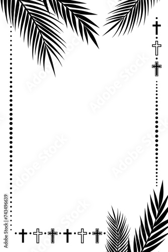 Funeral ornamental frame with palm leaves and croses. Vector decoration for memorial design