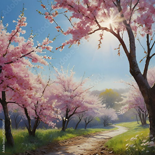 Painting of a morning cherry blossom landscape.