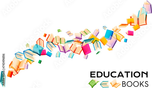 Books collection. Decoration element from flying different colorful paper books.
